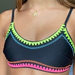 Xhilaration Black Neon Embroidered Tie Back Bikini Top D/DD Swimwear